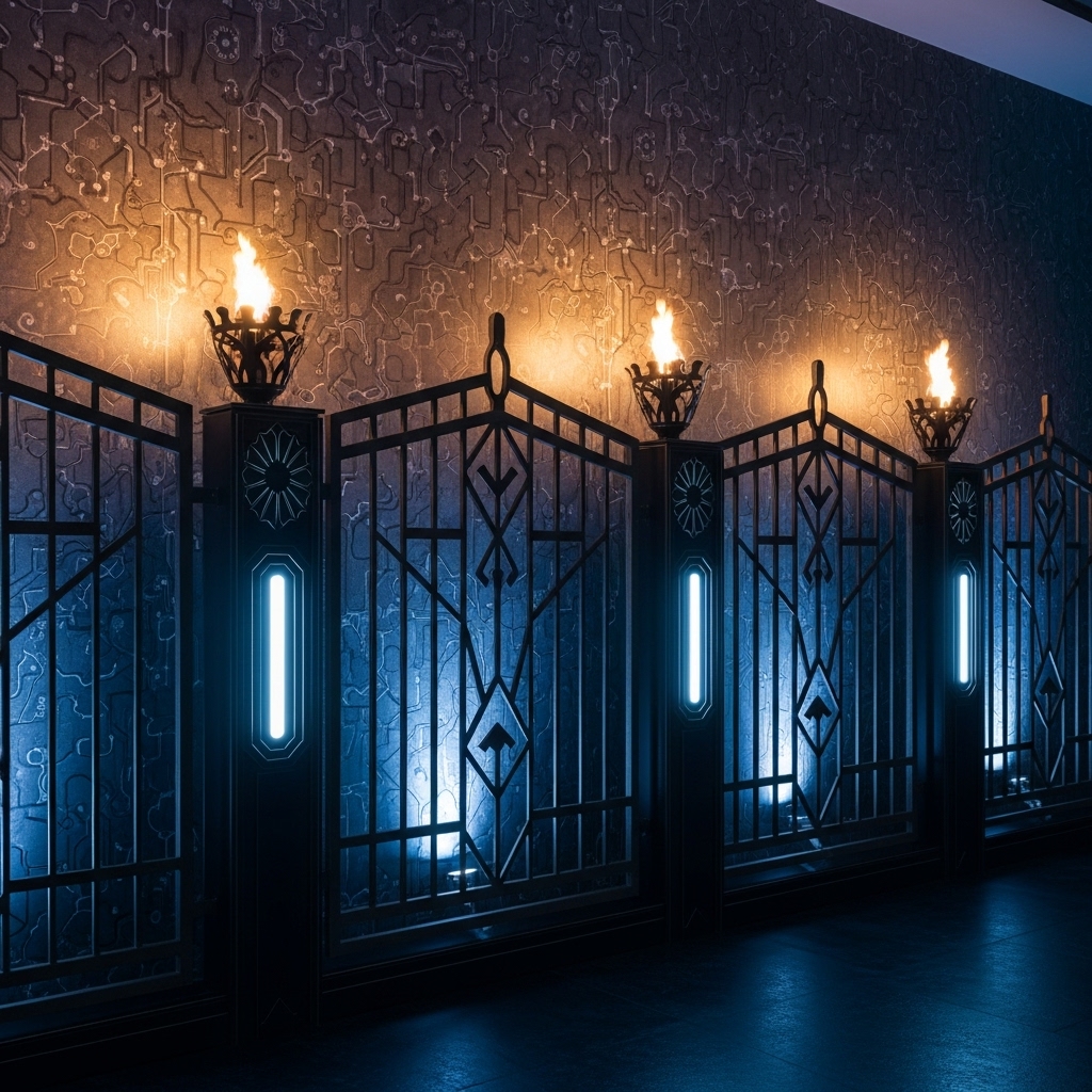 An enchanting 2025-inspired outdoor fence design featuring glowing torches, soft accent lights, and a stylish wallpapered wall. The combination of warm illumination, bold textures, and decorative details creates a magical, modern atmosphere with captivating visual appeal.