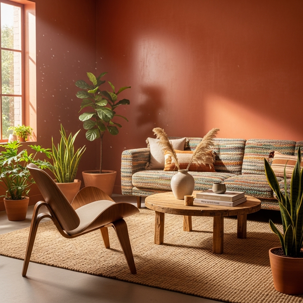 A warm and inviting living room with terracotta walls, a curved wooden chair, and a recycled fabric sofa bathed in natural sunlight. The scene highlights earthy 2025 vibes with soft shadows, warm tones, and a cozy, grounded aesthetic that feels connected to nature.