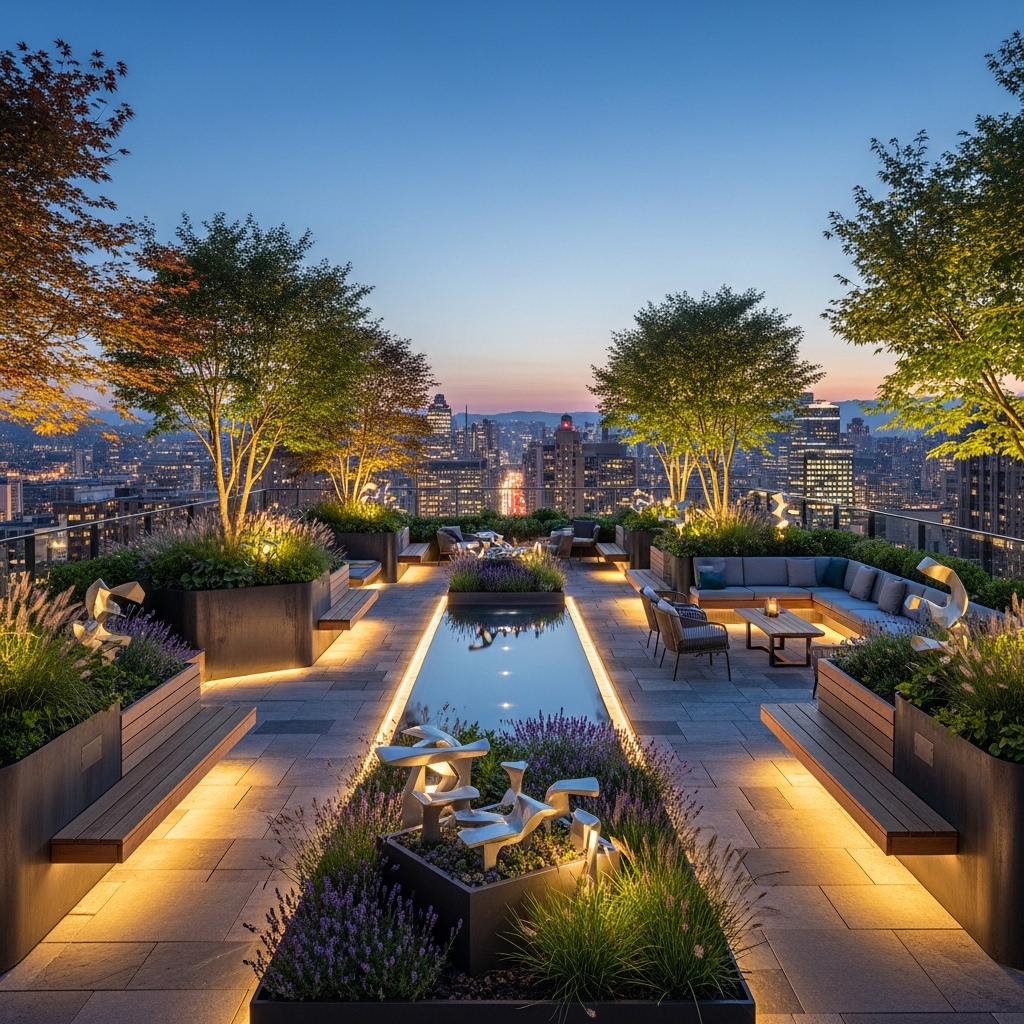 A stylish 2025-inspired transformed patio designed as an outdoor living room, featuring bamboo furniture, colorful patterned cushions, and recycled eco-friendly throws. The space blends natural textures and vibrant accents, creating a sophisticated, harmonious, and inviting modern outdoor retreat.