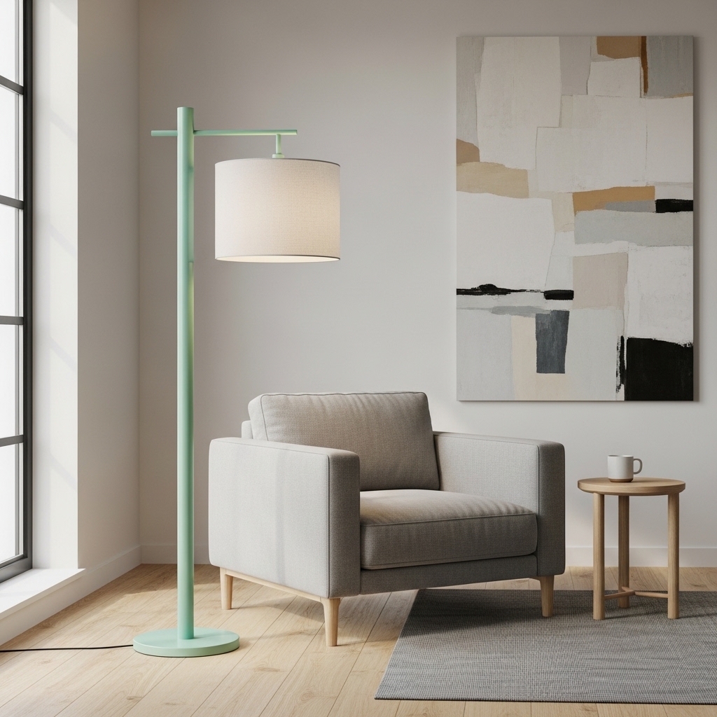 A stylish 2025-inspired corner featuring a floor lamp with a mint green base and fabric shade placed beside a cozy minimalist chair, creating a bright, modern, and inviting atmosphere.