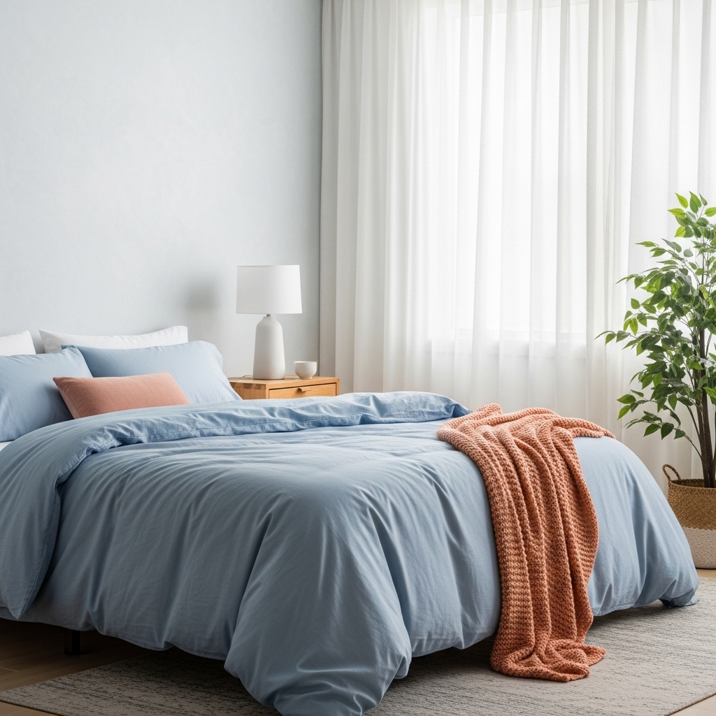 A peaceful 2025-inspired bedroom featuring a misty blue duvet, a soft peach throw, and limewash pastel-colored walls, creating a calming, serene, and restful atmosphere.