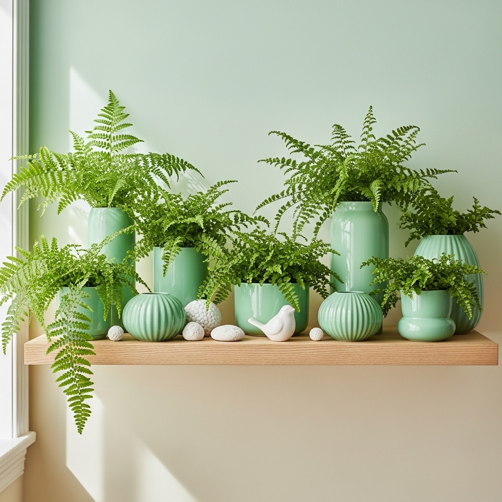 A fresh 2025-inspired shelf display featuring lush ferns in mint green vases, set against soft pastel-colored walls, creating a serene, airy, and calming interior atmosphere.