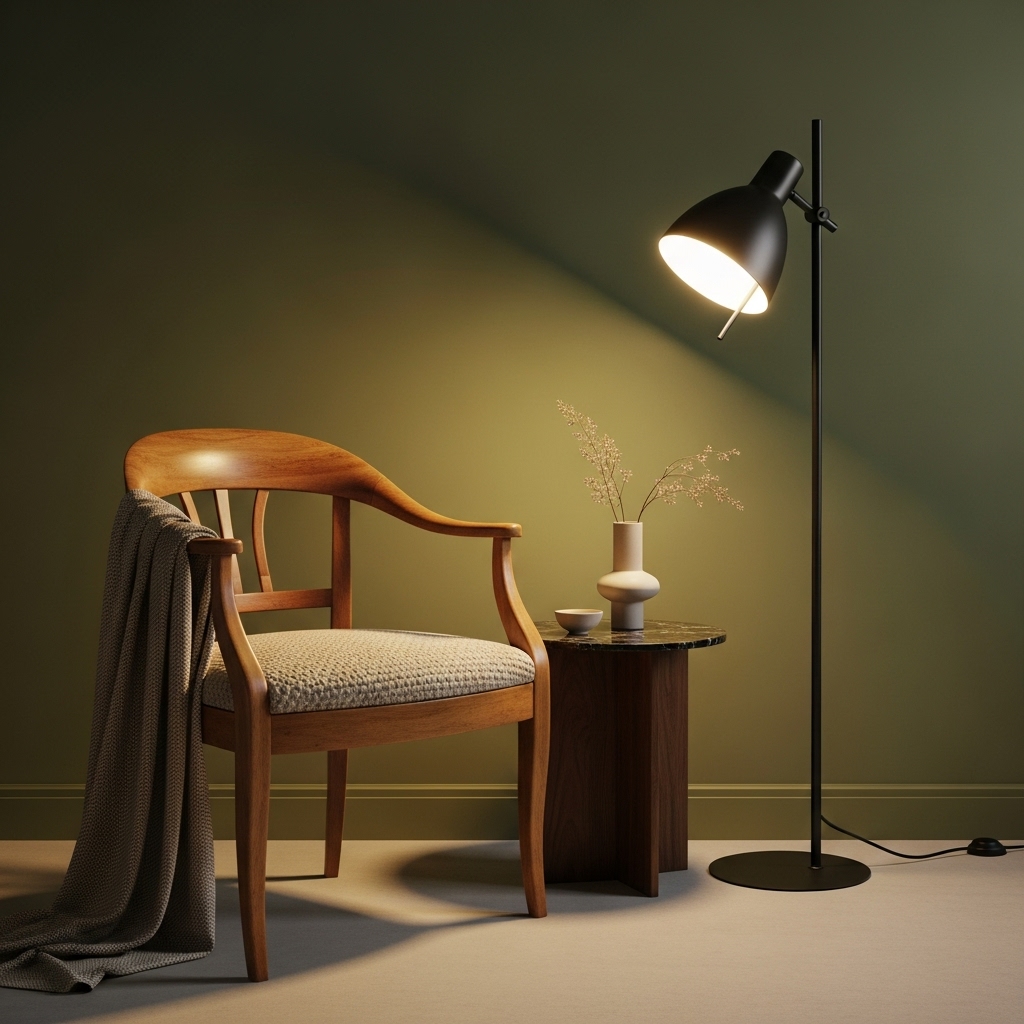 A stylish interior scene featuring a curved antique chair placed beside a sleek modern lamp in an olive green room, blending vintage charm with contemporary design to emphasize functional softness in 2025 décor trends.