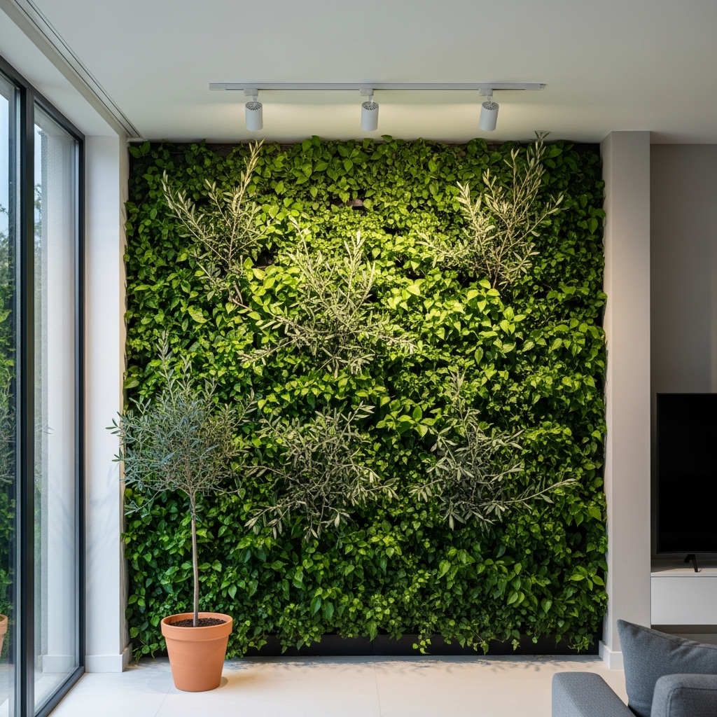 A minimal living wall featuring olive-toned accents and abundant natural light, creating a fresh, vibrant, and lively 2025-inspired interior with clean, modern aesthetics.