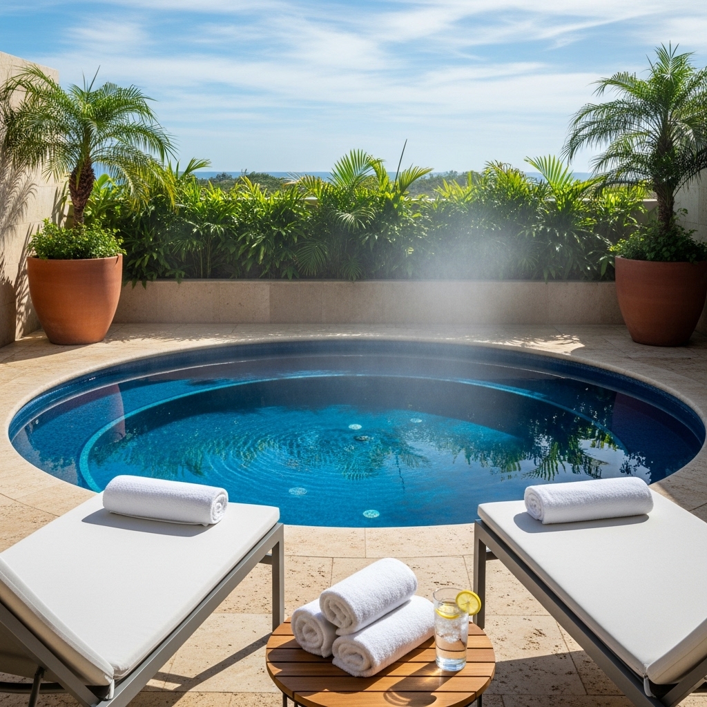 Modern Luxury Outdoor Lounge Ideas 2025 13 A beautiful, eye-catching image of a patio featuring a cold plunge pool next to lounge chairs. The scene showcases refreshing blue water, vibrant tones, and a serene wellness-focused atmosphere, creating an inviting space for relaxation and rejuvenation.