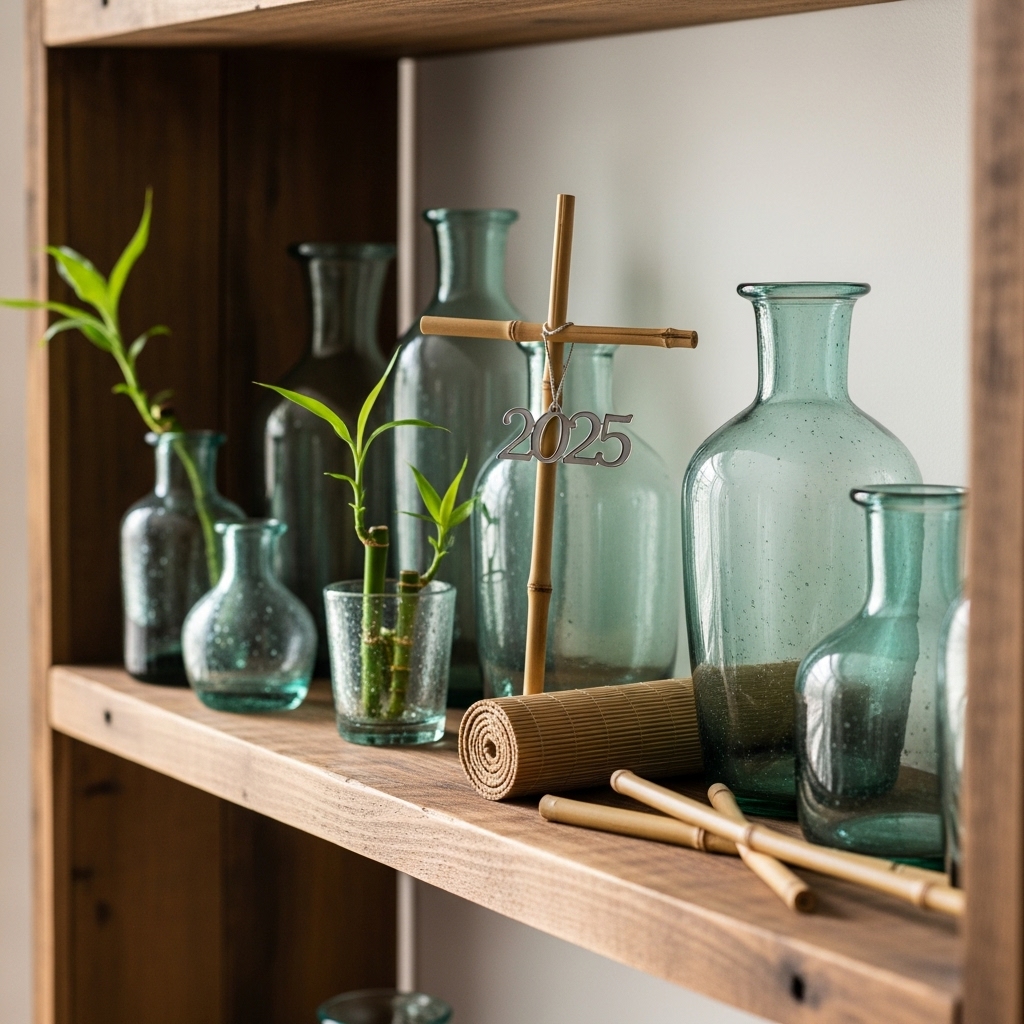 A beautifully styled shelf vignette featuring recycled glass vases, reclaimed wood pieces, and bamboo accents, creating a sparkling 2025 sustainability aesthetic with fresh, eco-friendly charm.
