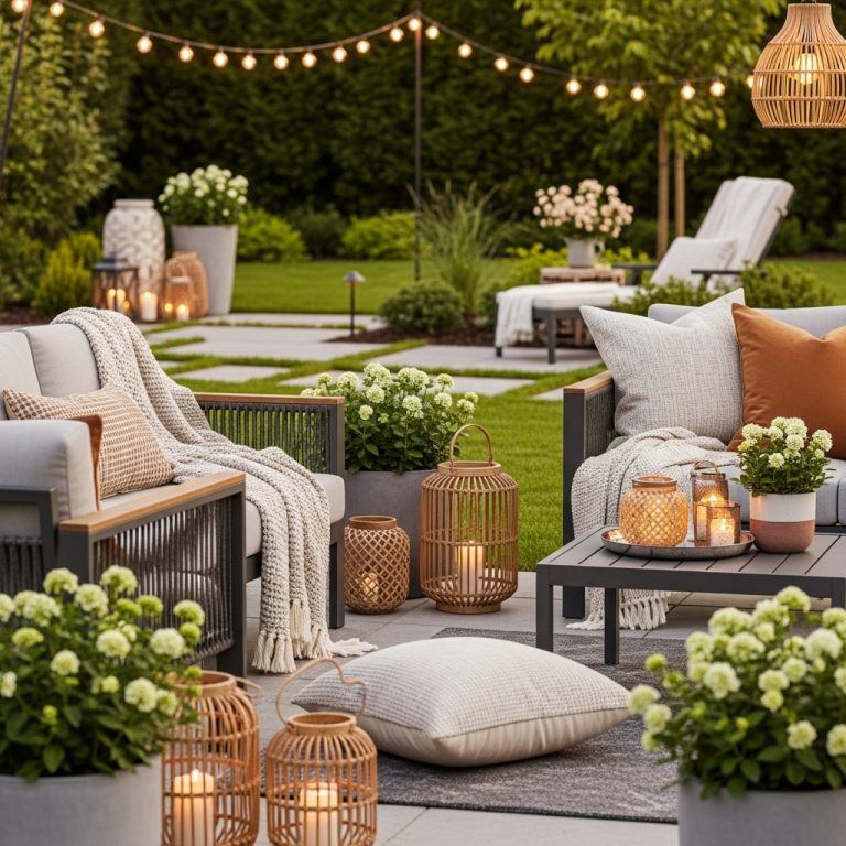 A beautifully styled 2025 outdoor living space showcasing a cozy patio with modern outdoor furniture, soft cushions, textured throws, and warm ambient string lights. Potted plants, garden accents, and natural wood or rattan elements blend seamlessly with a lush green backyard, subtle landscaping, and stone pathways. The earthy tones, elegant décor, and relaxing atmosphere highlight inspiring outdoor home decor, captured in ultra-realistic, high-resolution, magazine-quality photography.