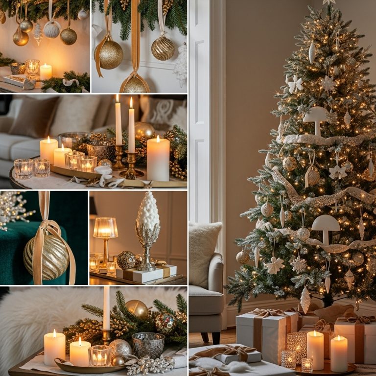 An ultra-realistic 2025 holiday home interior featuring elegant holiday decor with gold and champagne ornaments, velvet ribbons, crystal accents, and warm glowing candles. A beautifully styled Christmas tree with minimalist luxe decorations stands beside cozy textures like faux fur throws, rich fabrics, and festive garlands. Soft warm lighting, subtle sparkles, and a high-end neutral palette with touches of gold, white, and deep green create a timeless, inviting, and sophisticated atmosphere perfect for a glamorous holiday featured image.