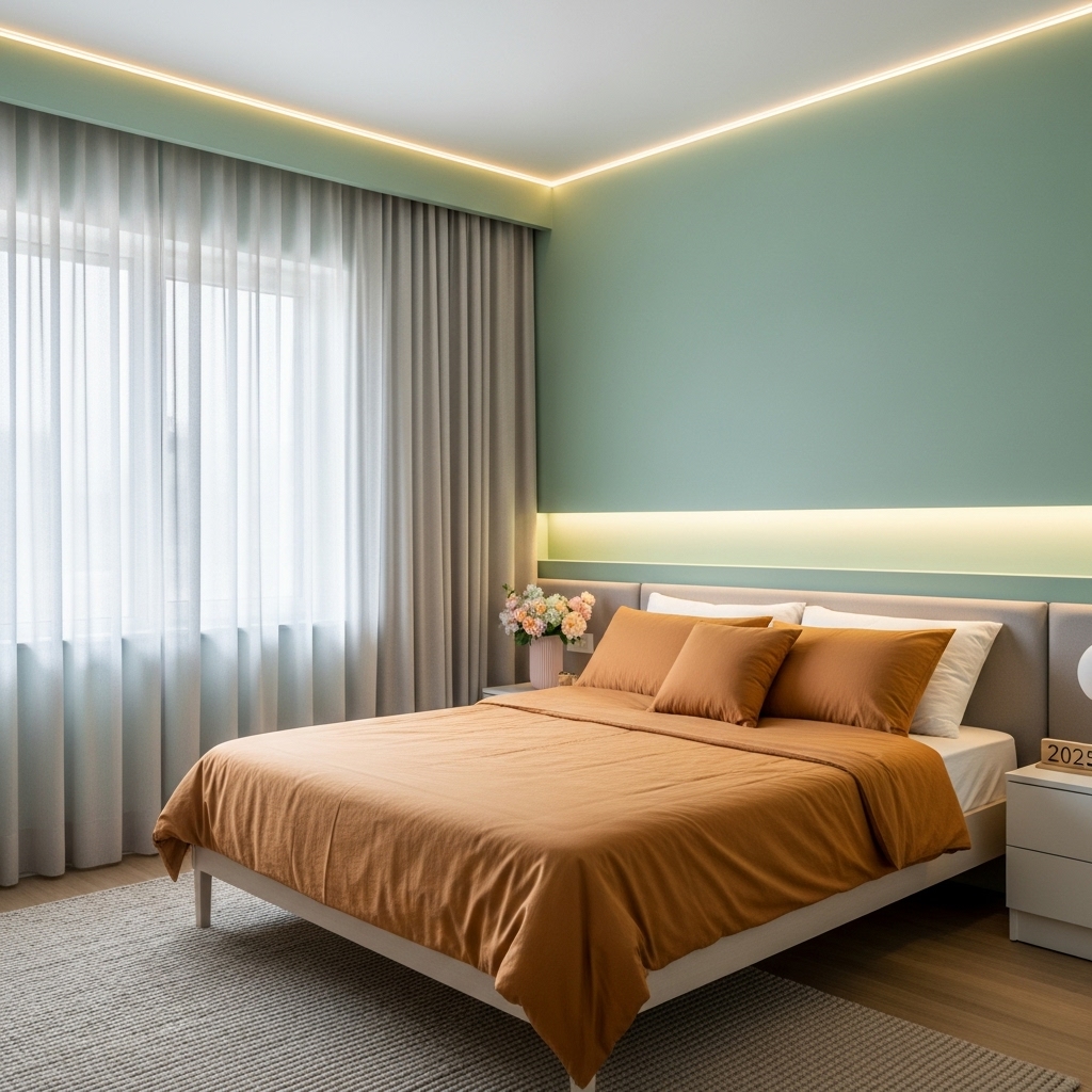 A serene 2025-inspired bedroom featuring sage green walls, a neatly made bed with ochre pillows, soft warm lighting, and minimal décor, creating a peaceful and pastel-harmonious atmosphere.