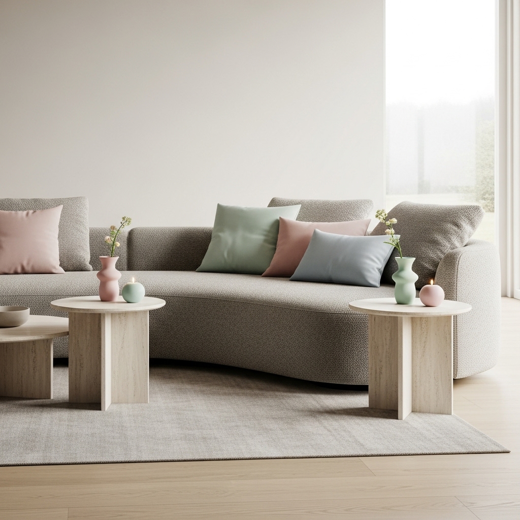 A cozy 2025-inspired living room featuring a rounded oversized neutral-fabric sofa, paired with minimal side tables and soft pastel décor accents, creating a simple and comfortable modern atmosphere.