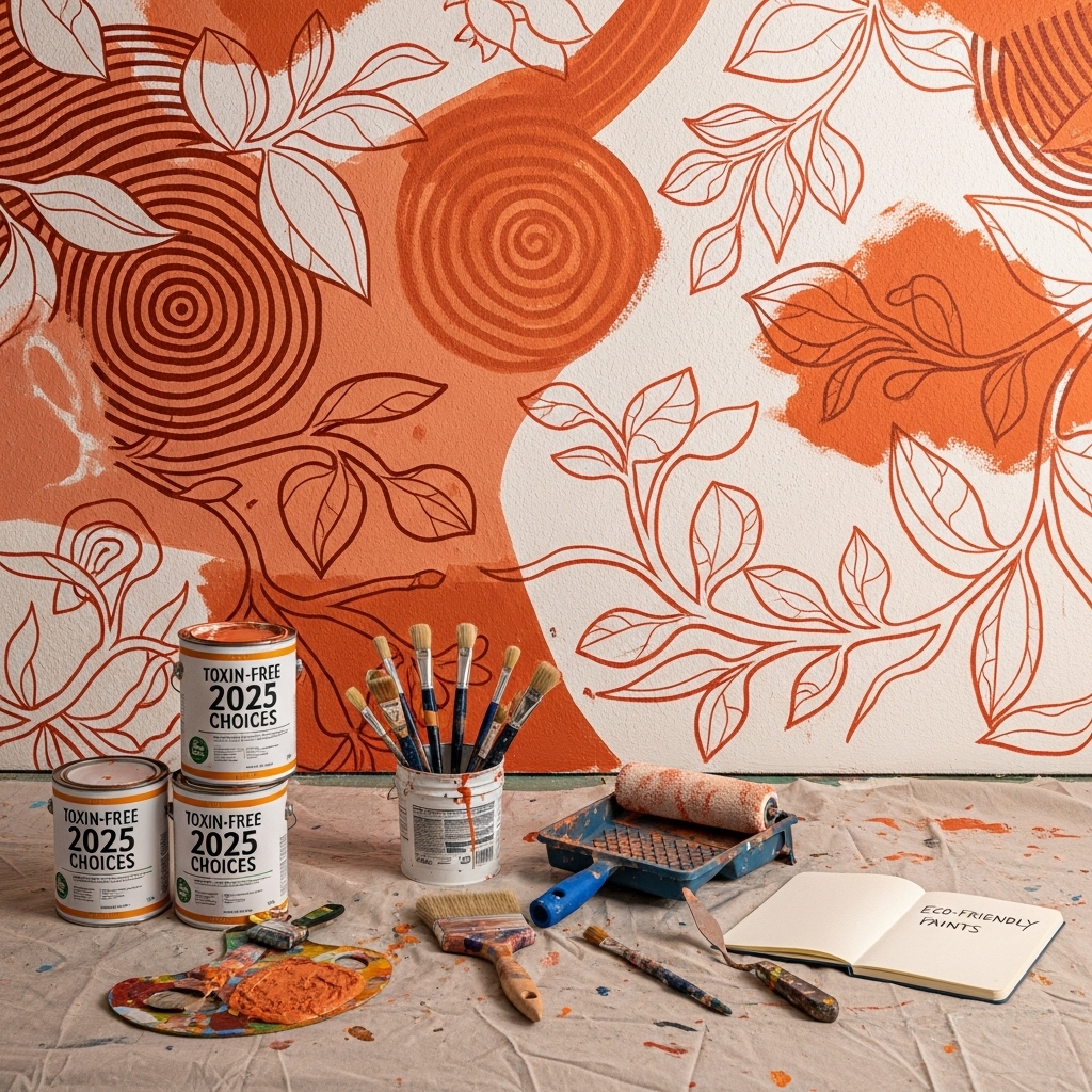 An eye-catching wall painting scene featuring low-impact terracotta paint with brushes and tools nearby, highlighting toxin-free, eco-conscious design choices inspired by 2025 trends.