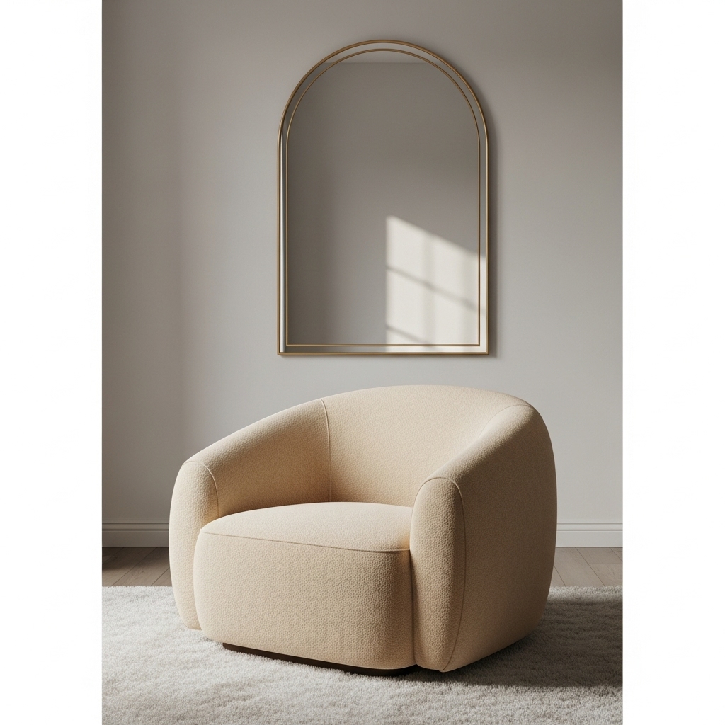 A beautifully styled armchair with rounded, sculptural shapes sits beneath an elegant arched mirror, surrounded by soft, cozy fabrics, creating a flowing and refined 2025-inspired interior aesthetic.