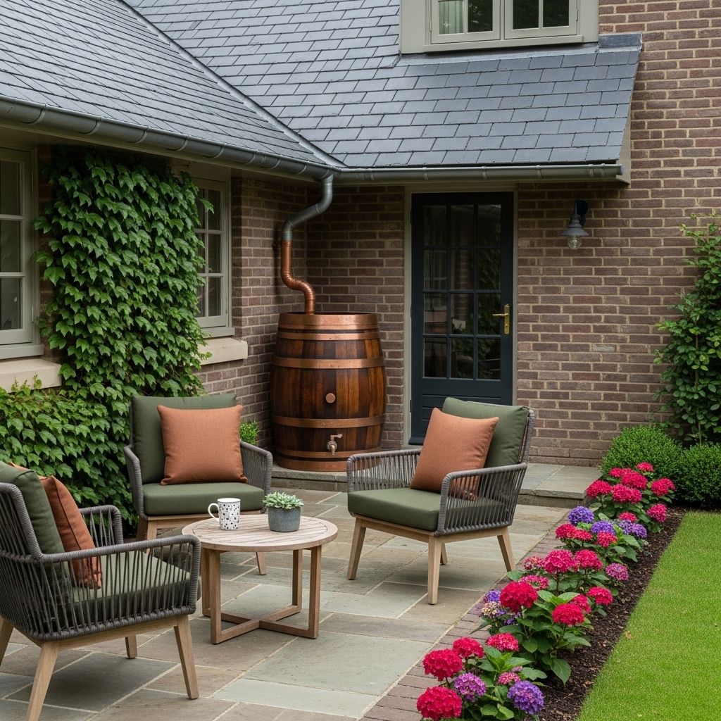 A stylish 2025-inspired outdoor setup featuring a rain barrel positioned neatly under the eaves, surrounded by woven furniture pieces. The scene blends sustainability with comfort, highlighting a sense of conservative modern luxury through natural textures, mindful design, and an elegant, eco-conscious atmosphere.