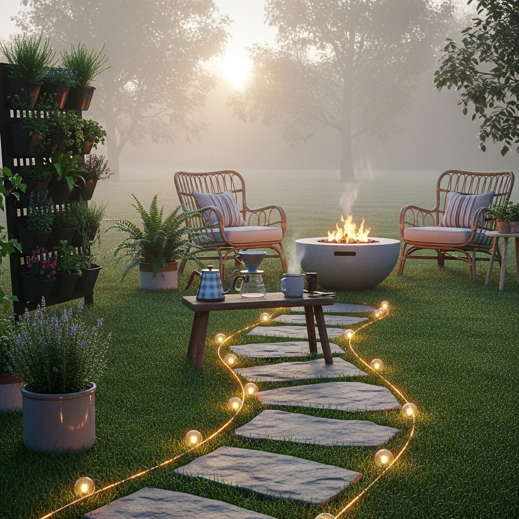 A serene 2025-inspired backyard at dawn, featuring dew-kissed grass, cozy rattan chairs, and a warm fire pit. Soft pathway lights guide the space, while vertical potted plants add natural height and texture. A small outdoor coffee setup completes the inviting scene, creating an atmosphere of extended home comfort and relaxation.