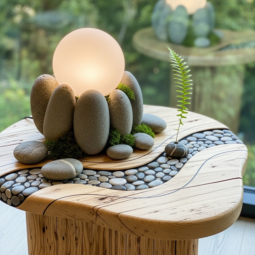 A minimalist side table styled with a pebble-shaped lamp and scattered natural stones, creating a tranquil, nature-inspired 2025 aesthetic with soft, organic tones and calming simplicity.