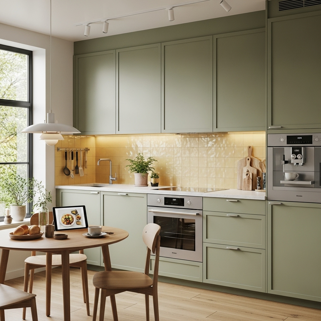 A cozy 2025-inspired kitchen featuring sage green cabinets, a butter-yellow backsplash, and minimal kitchen tools, creating a functional, stylish, and inviting cooking space.