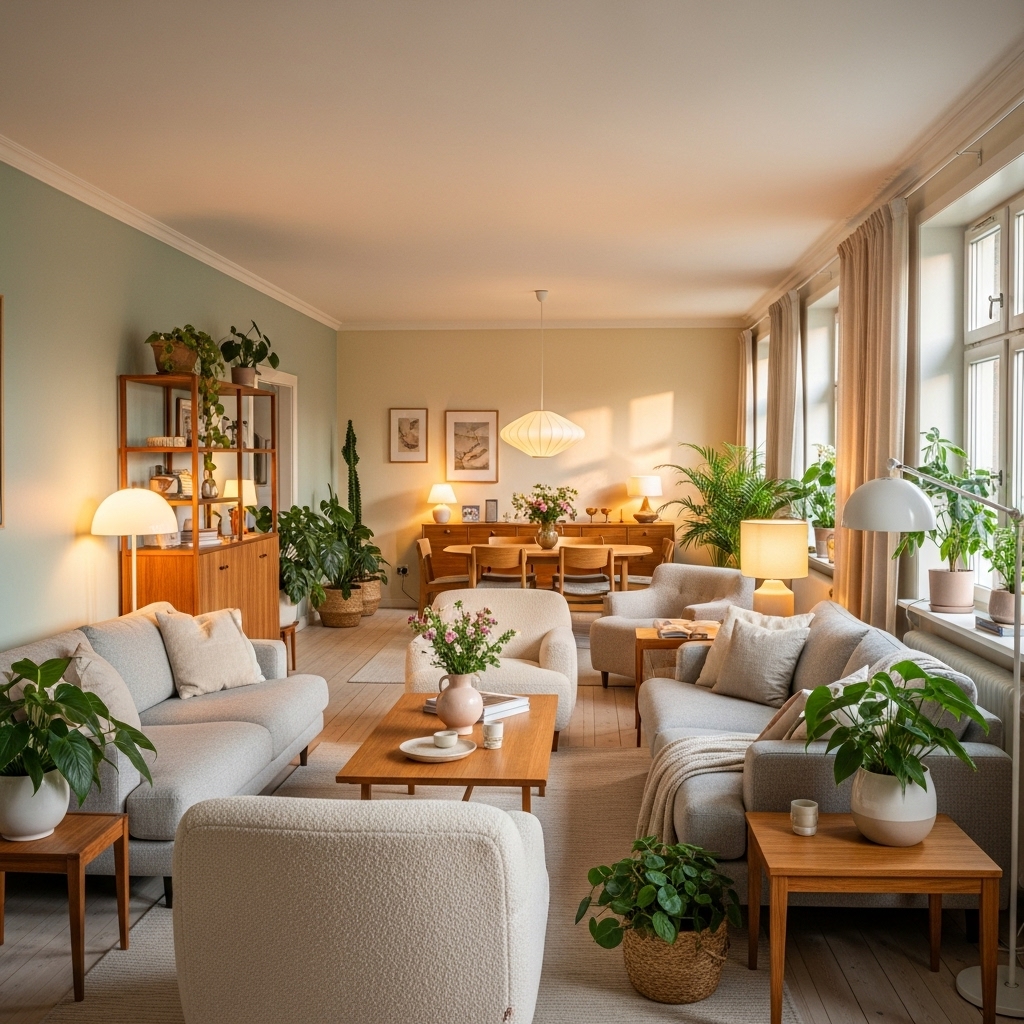 A full-home 2025-inspired overview featuring soft pastel walls, cozy and modern furniture, lush indoor plants, and warm ambient lighting, creating a harmonious, inviting, and visually inspiring interior space.