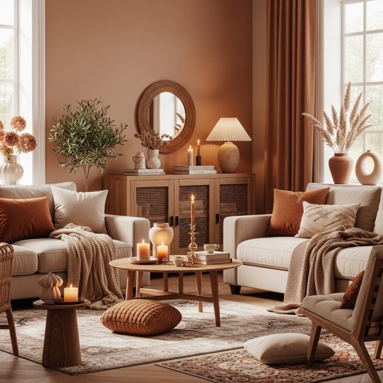 An ultra-realistic 2025 living space showcasing a warm interior aesthetic with earthy tones such as terracotta, beige, caramel, warm brown, and soft cream. The room features plush sofas, textured throws, wooden furniture, ceramic décor pieces, candles, layered rugs, and indoor plants. Soft sunlight and warm ambient lighting create a serene, timeless, and inviting atmosphere, captured in high-resolution, magazine-style interior photography ideal for a featured blog image.