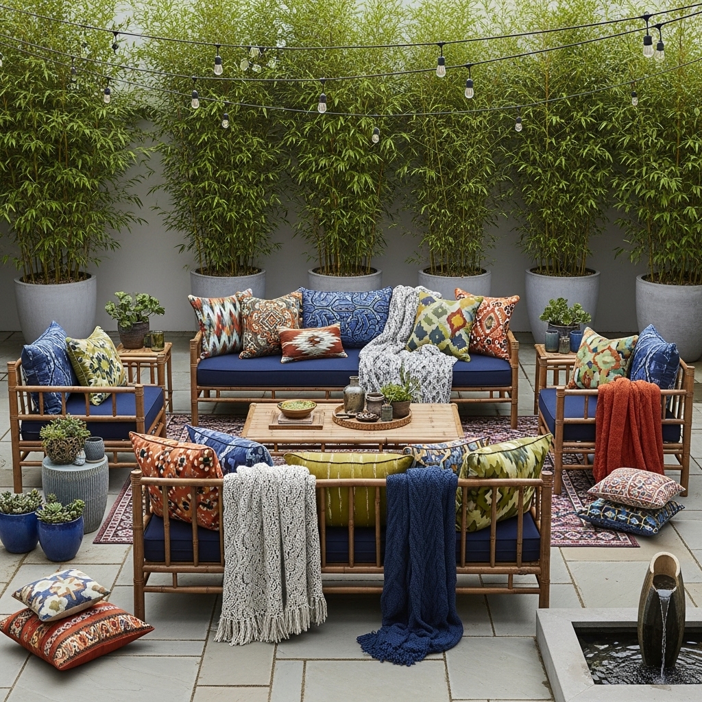 A stylish 2025-inspired transformed patio designed as an outdoor living room, featuring bamboo furniture, colorful patterned cushions, and recycled eco-friendly throws. The space blends natural textures and vibrant accents, creating a sophisticated, harmonious, and inviting modern outdoor retreat.