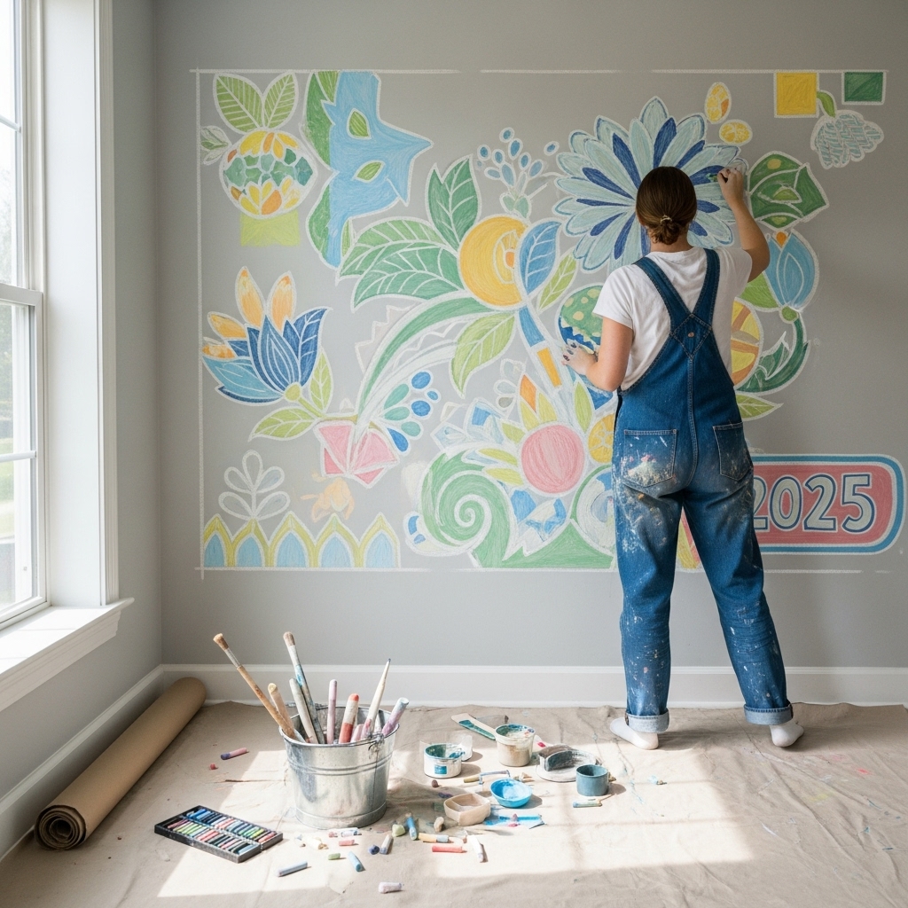 A 2025-inspired DIY painting scene showing walls being decorated with chalk pastels, surrounded by brushes, tools, and paint supplies, capturing a simple and creative home makeover in progress.