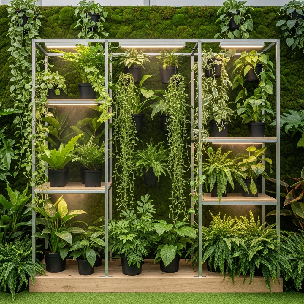 A 2025-inspired indoor-outdoor biophilic setup featuring a stand holding potted ferns and trailing vines against moss green walls, creating a lush, natural, and refreshing green space.