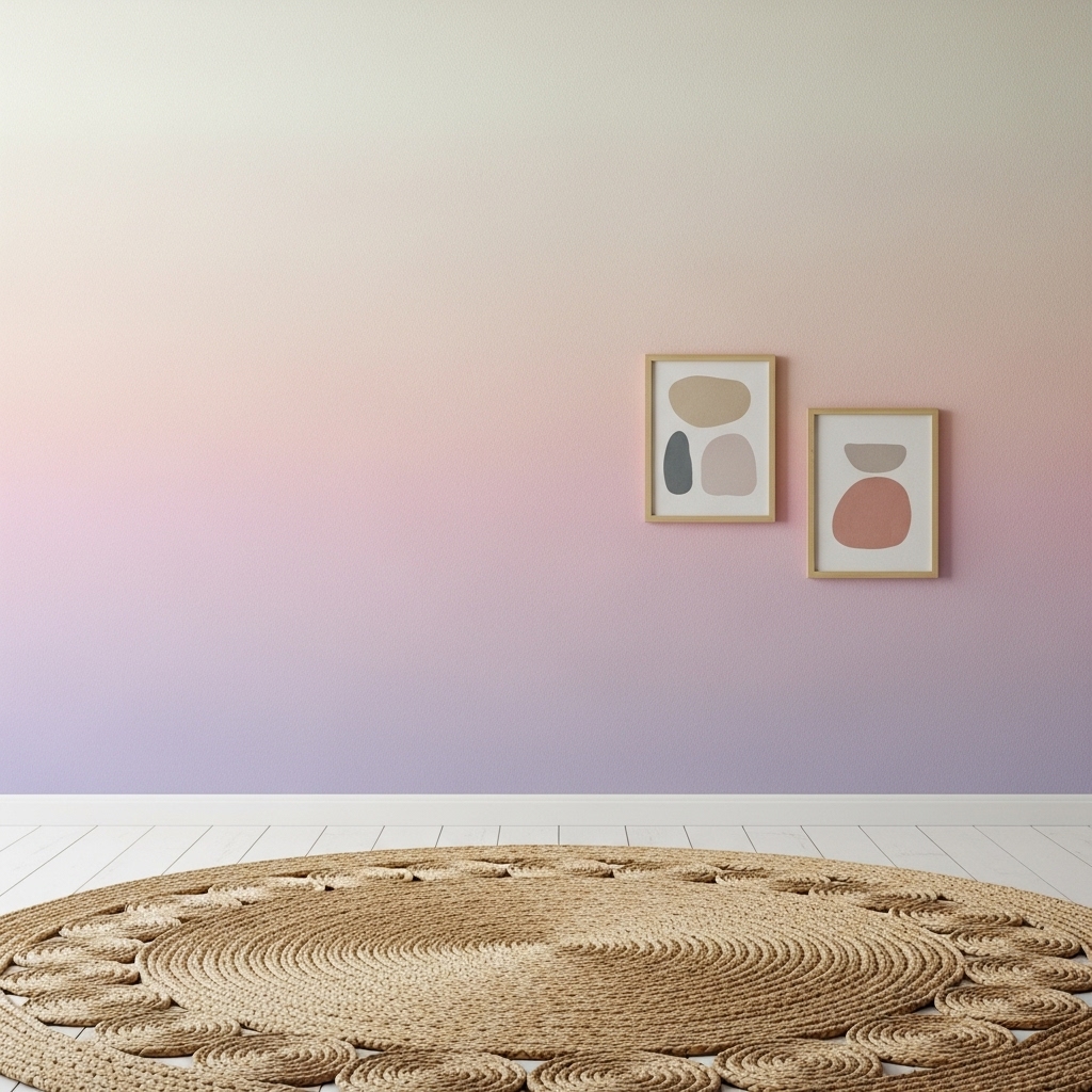A serene wall design featuring ombre pastel wallpaper, a simple jute rug, and minimal framed art, creating a soft and calming 2025-inspired aesthetic.
