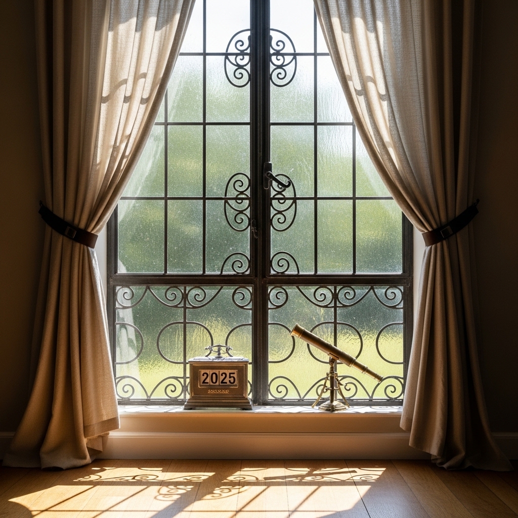A window featuring soft linen curtains, a sleek metal frame, and subtle antique details, allowing diffused natural light to fill the space and create a calm, elegant 2025-inspired atmosphere.
