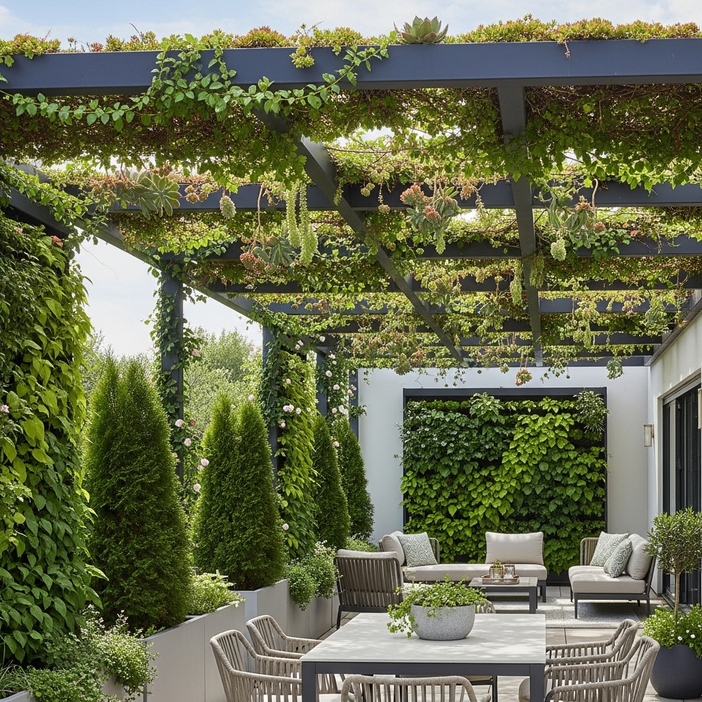Modern Luxury Outdoor Lounge Ideas 2025 9 A beautiful, eye-catching image of a patio featuring a green roof pergola surrounded by evergreen plants and lush greenery. The scene showcases vibrant vertical gardens, natural textures, and fresh, inviting vibes that create a serene and eco-friendly outdoor retreat.