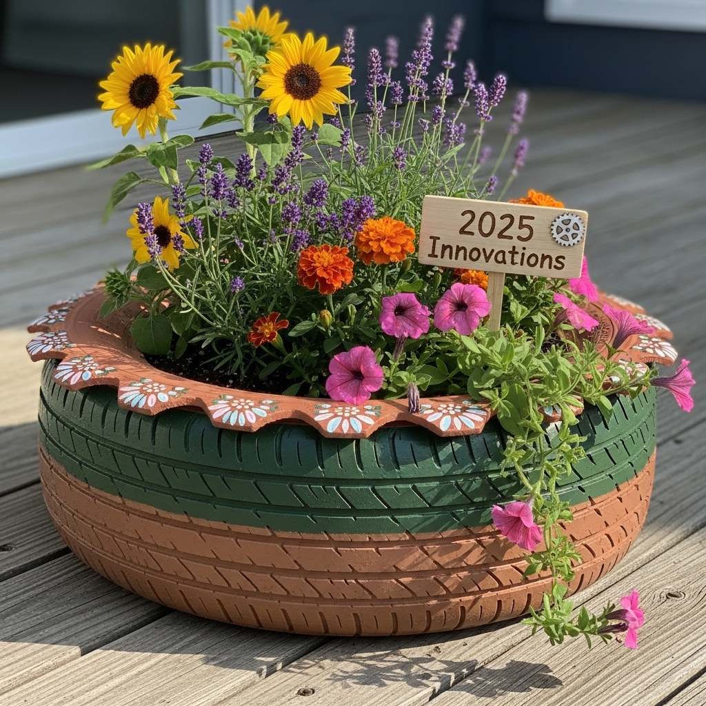 An earthy 2025-inspired DIY tire planter painted in warm natural tones and filled with vibrant blooming flowers. The design highlights personalized outdoor creativity, recycled materials, and innovative modern gardening with a colorful, handcrafted touch.
