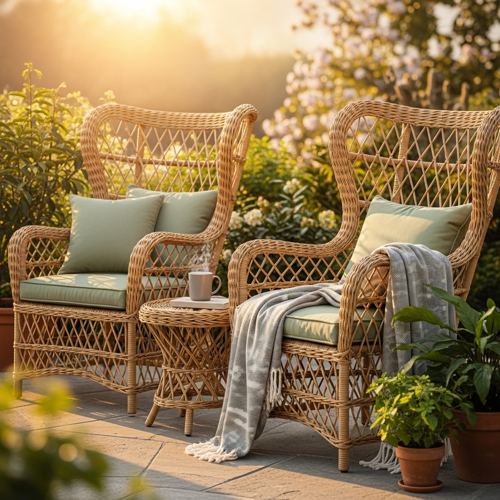 Modern Luxury Outdoor Lounge Ideas 2025 6 An amazing, eye-catching image featuring curved wicker chairs with plush cushions and elegant trellis patterns. The cozy setup showcases intricate weave details, soft fabrics, and warm tones, creating an inviting and stylish seating arrangement perfect for relaxed comfort.