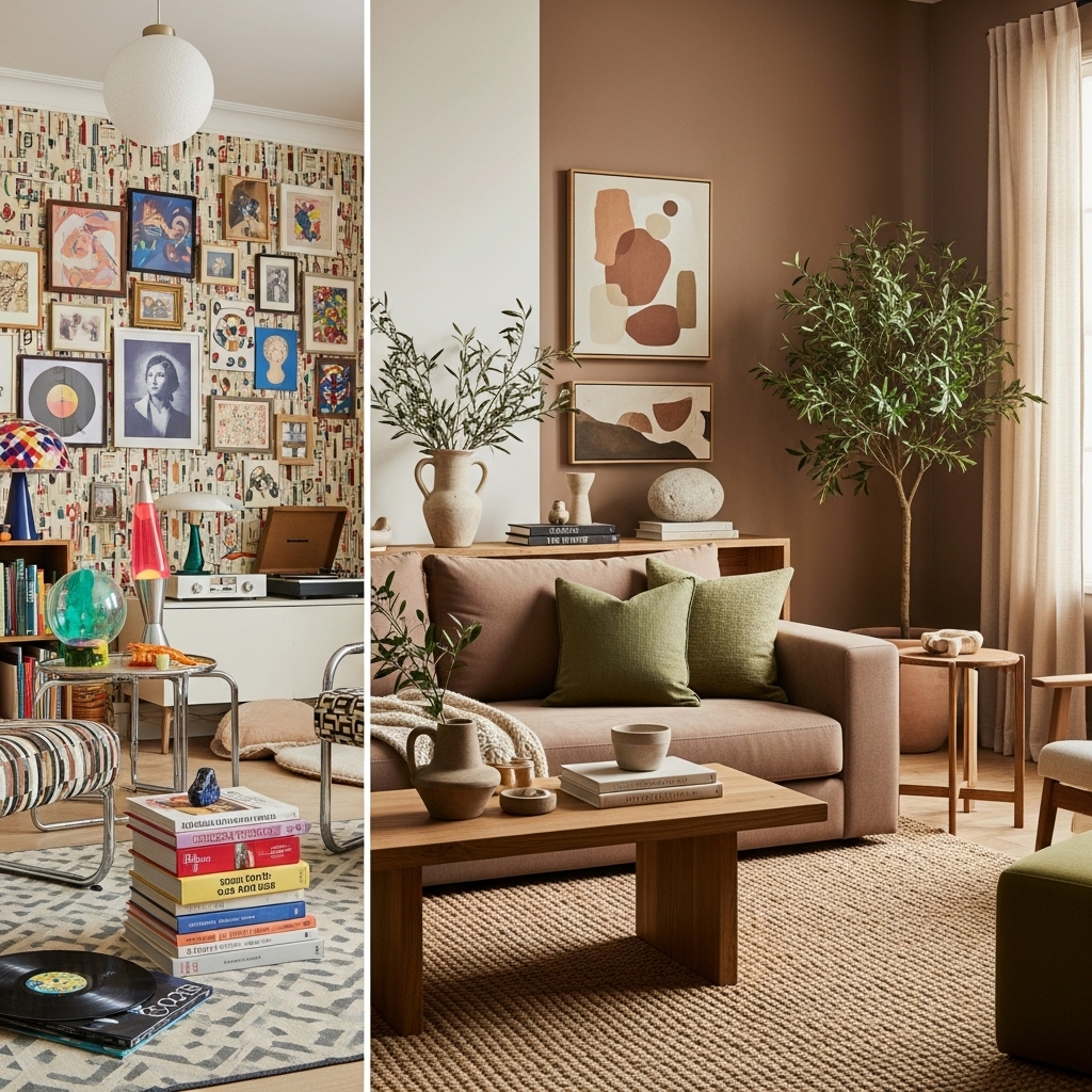 A transformative interior scene showing a shift from a cluttered, trend-heavy room to a serene earthy space featuring mocha-toned walls, olive green accents, and organic natural elements. The updated 2025 design feels calm, timeless, and grounded with minimal décor and warm, cohesive tones.