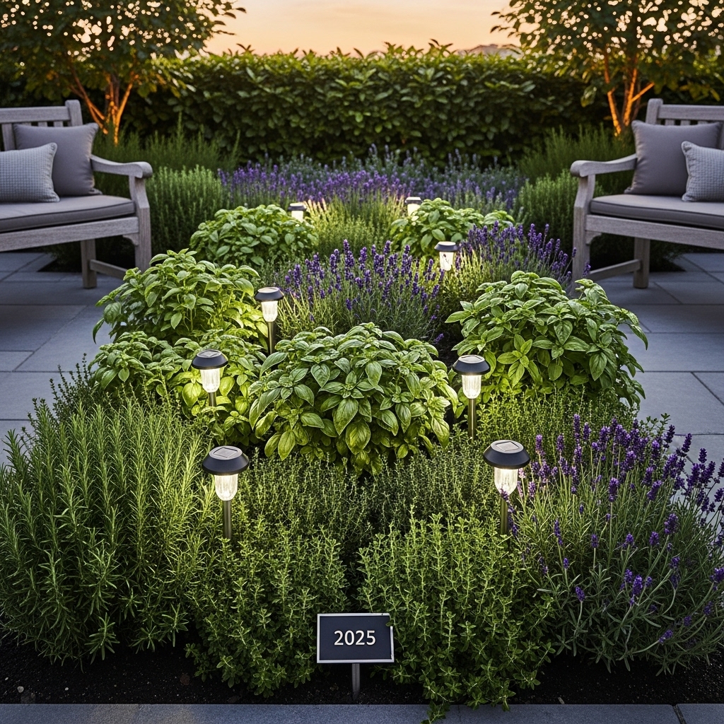 A vibrant 2025-inspired garden bed featuring glowing solar lights, neatly arranged herb clusters, and resort-style wooden benches. The scene captures a thriving, illuminated outdoor atmosphere with lush greenery and a relaxing modern garden aesthetic.