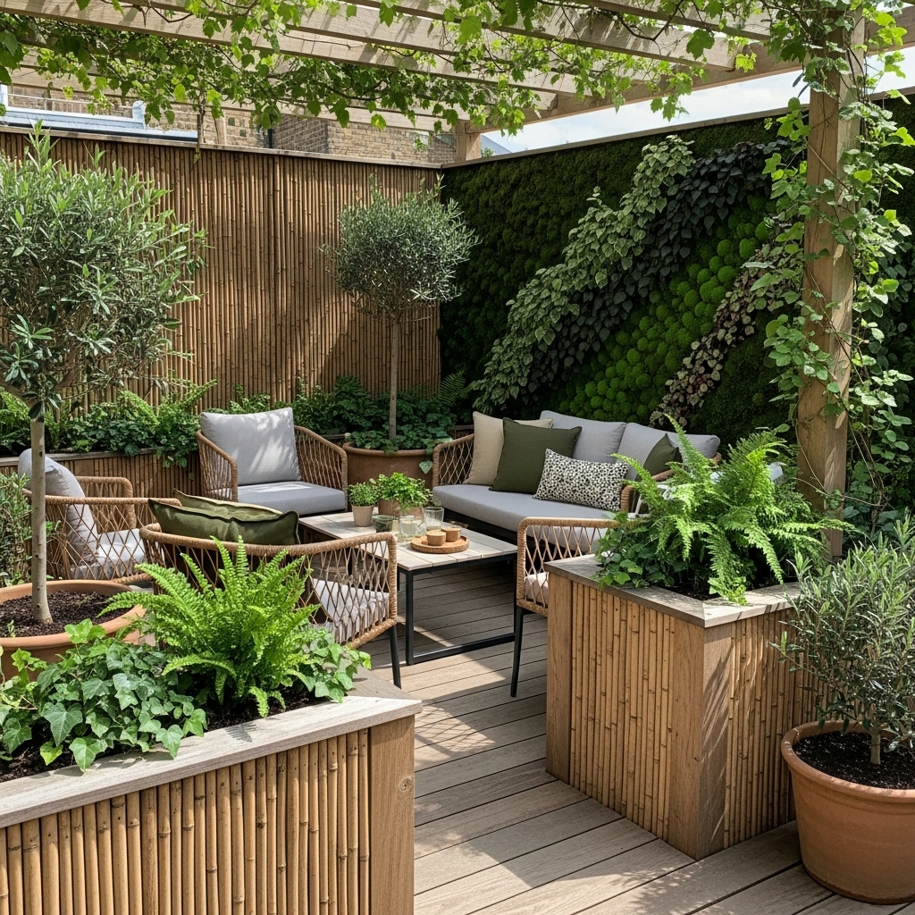 Modern Luxury Outdoor Lounge Ideas 2025 19 A beautiful, eye-catching image of a resilient patio built with eco-friendly materials and protective barriers. The scene showcases sturdy construction, lush green elements, and a durable, sustainable design, creating an inviting and environmentally conscious outdoor space.