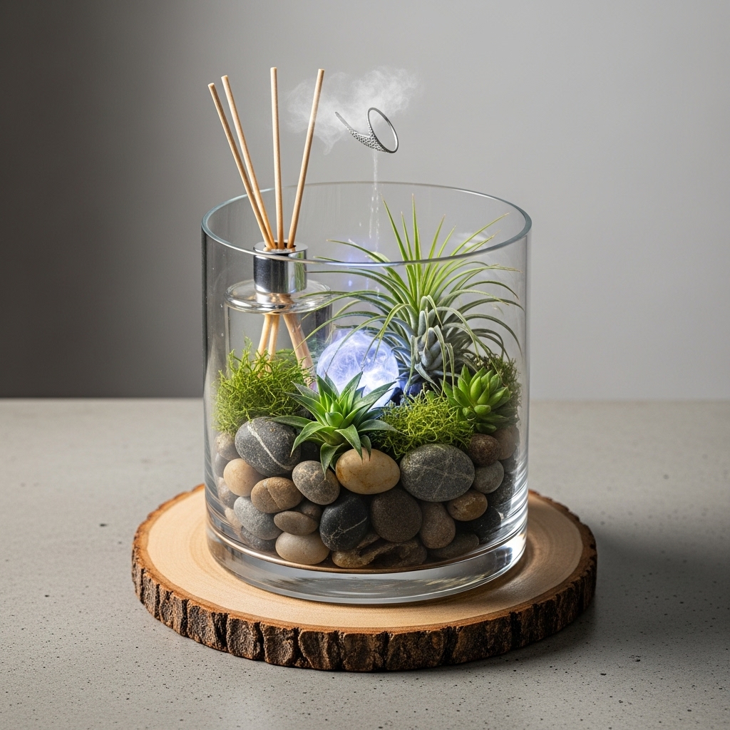 A creative 2025-inspired display featuring a repurposed vase filled with pebbles and plants, accompanied by a small oil diffuser, creating a serene, calming, and visually appealing home décor setup.