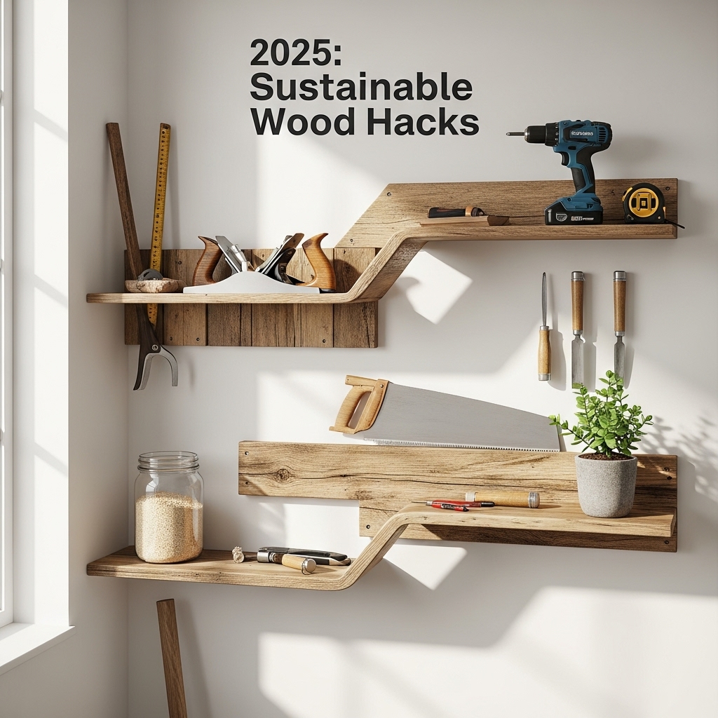 A creative 2025-inspired DIY scene featuring wood being upcycled into curved shelves, surrounded by tools, showcasing sustainable, functional, and stylish home décor hacks.