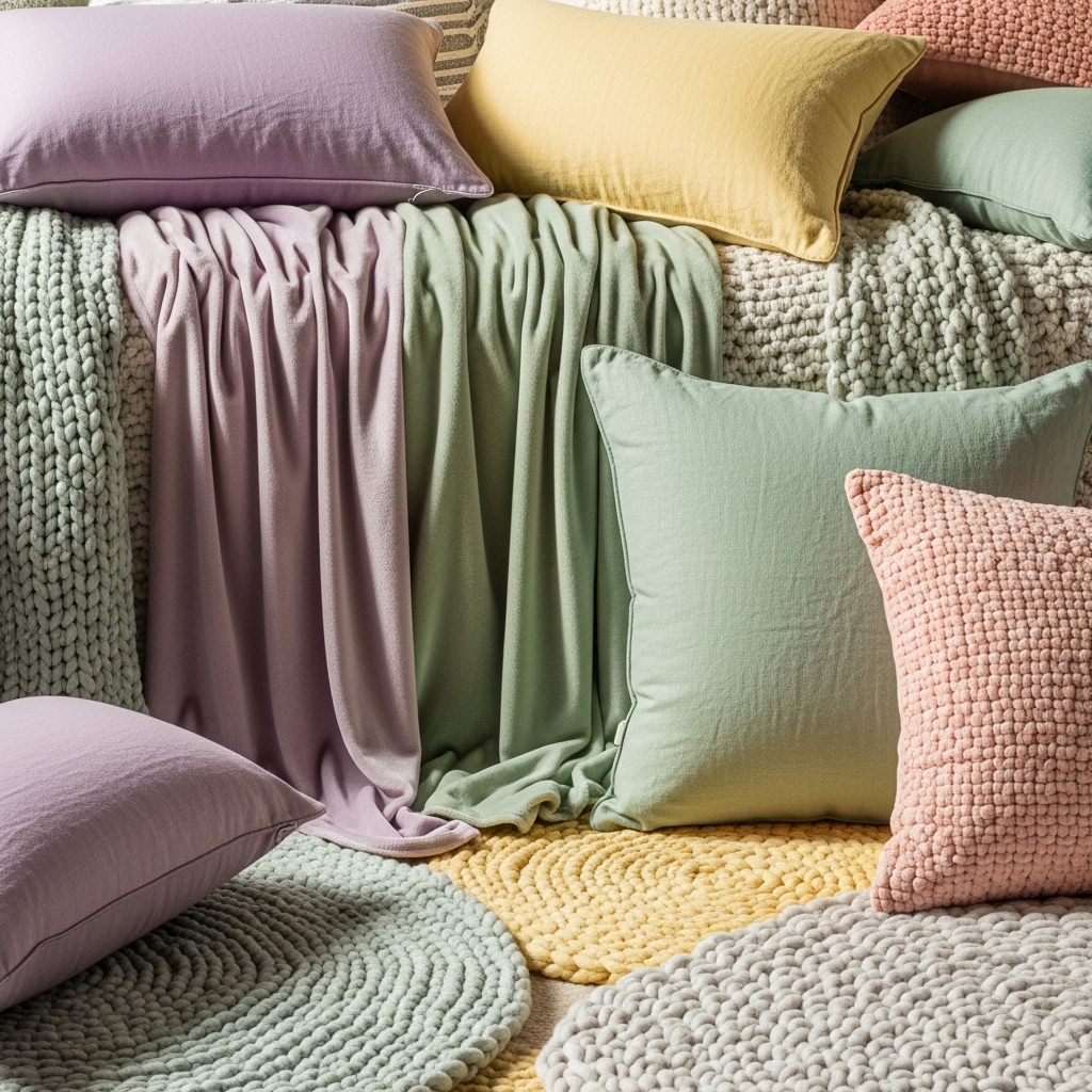 A close-up, detail-rich scene showcasing velvet throws, linen cushions, and wool rugs in soft pastel tones, highlighting layered textures and cozy 2025 warmth in modern interior design.