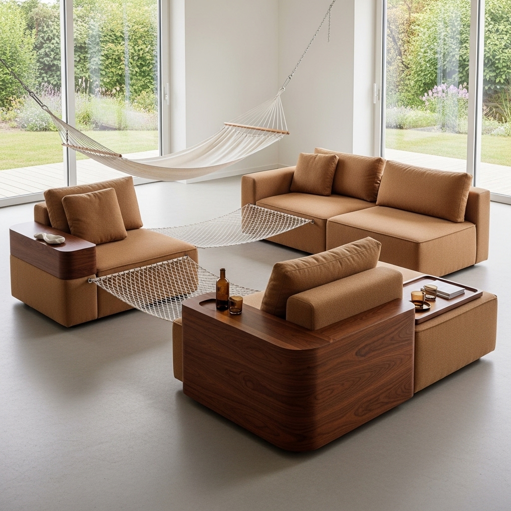 A cozy 2025-inspired outdoor lounge featuring a modular sofa setup paired with a relaxing hammock and soft upholstered cushions. The arrangement highlights adaptive comfort, flexible seating, and modern versatility, creating a warm, inviting space with contemporary outdoor style.