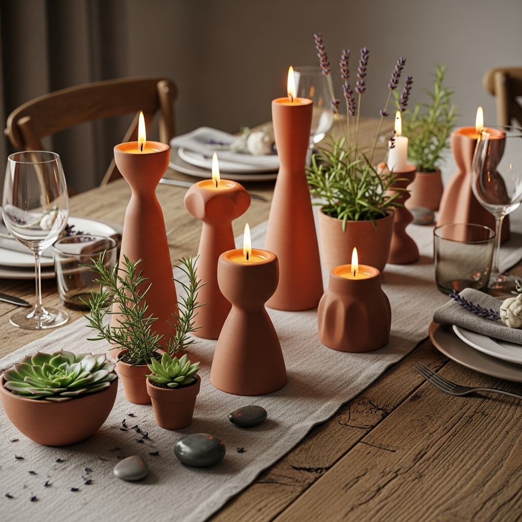 A stylish table display featuring terracotta candle holders with flickering flames, casting soft, warm shadows and creating a natural, cozy, and inviting 2025-inspired ambiance.