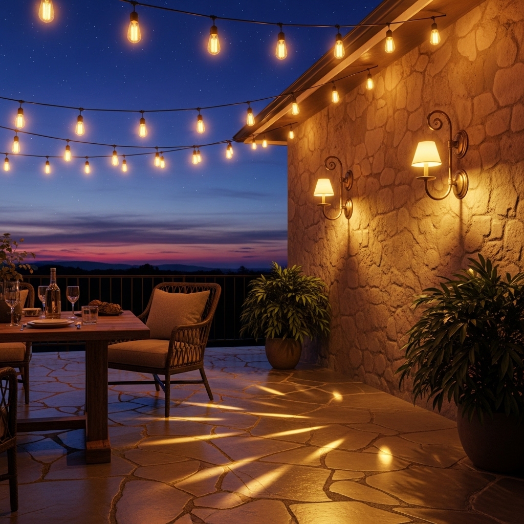 Modern Luxury Outdoor Lounge Ideas 2025 7 A beautiful, eye-catching image of a patio illuminated by glowing string bulbs and brass sconces at dusk. The scene captures a starry ambiance with soft light reflections, warm tones, and an atmosphere of evening serenity perfect for outdoor relaxation.