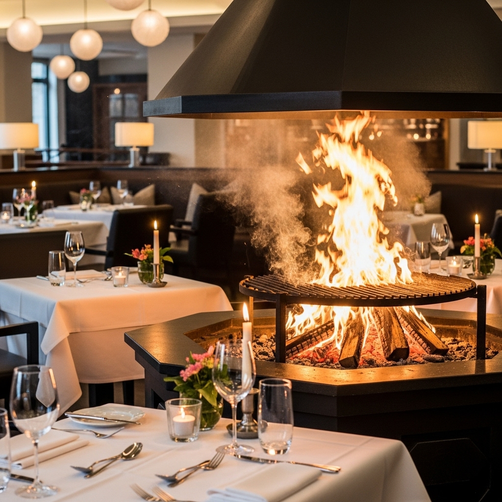 Modern Luxury Outdoor Lounge Ideas 2025 16 An amazing, eye-catching image of a lounge area featuring a wood-fire grill. The scene showcases smoky flames, detailed fire textures, and elegantly arranged table settings, creating a warm, inviting atmosphere perfect for outdoor dining and social gatherings.