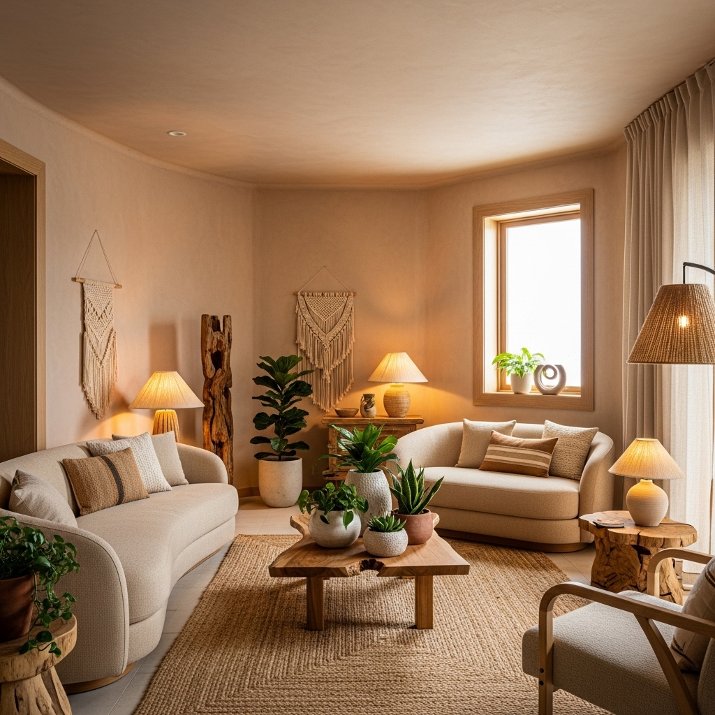 A full-room 2025-inspired interior featuring earthy-toned walls, curved furniture, sustainable décor accents, lush indoor plants, and warm ambient lighting, creating a cohesive, inviting, and harmonious living space.