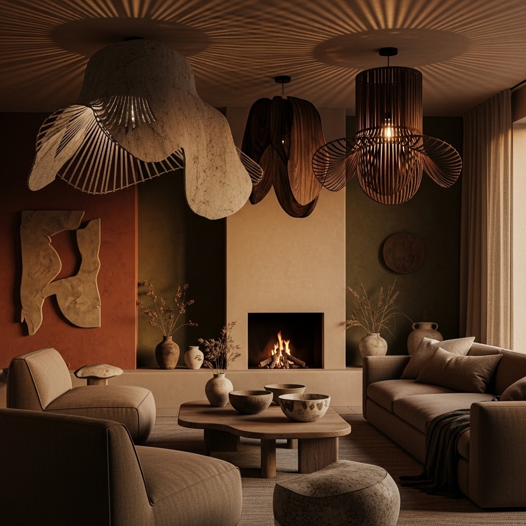 A cozy evening room featuring sculptural light fixtures casting a dim, warm glow over earthy-toned walls and furnishings, creating a moody, serene, and wellness-focused 2025-inspired atmosphere.
