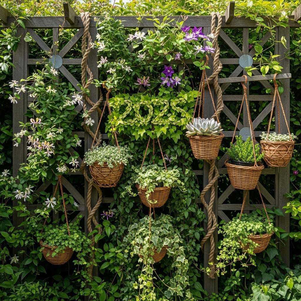 A stylish 2025-inspired outdoor trellis decorated with lush climbing plants, natural rope accents, and rattan plant pots. The scene highlights layered textures, vibrant greenery, and a modern organic look that adds depth, warmth, and visual interest to the space.