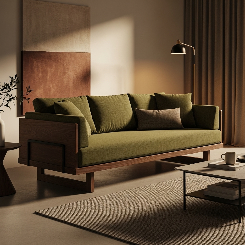 A warm and inviting sofa scene featuring a wooden frame with olive green cushions, soft ambient lighting, and a cozy 2025-inspired atmosphere that highlights redefined modern warmth.