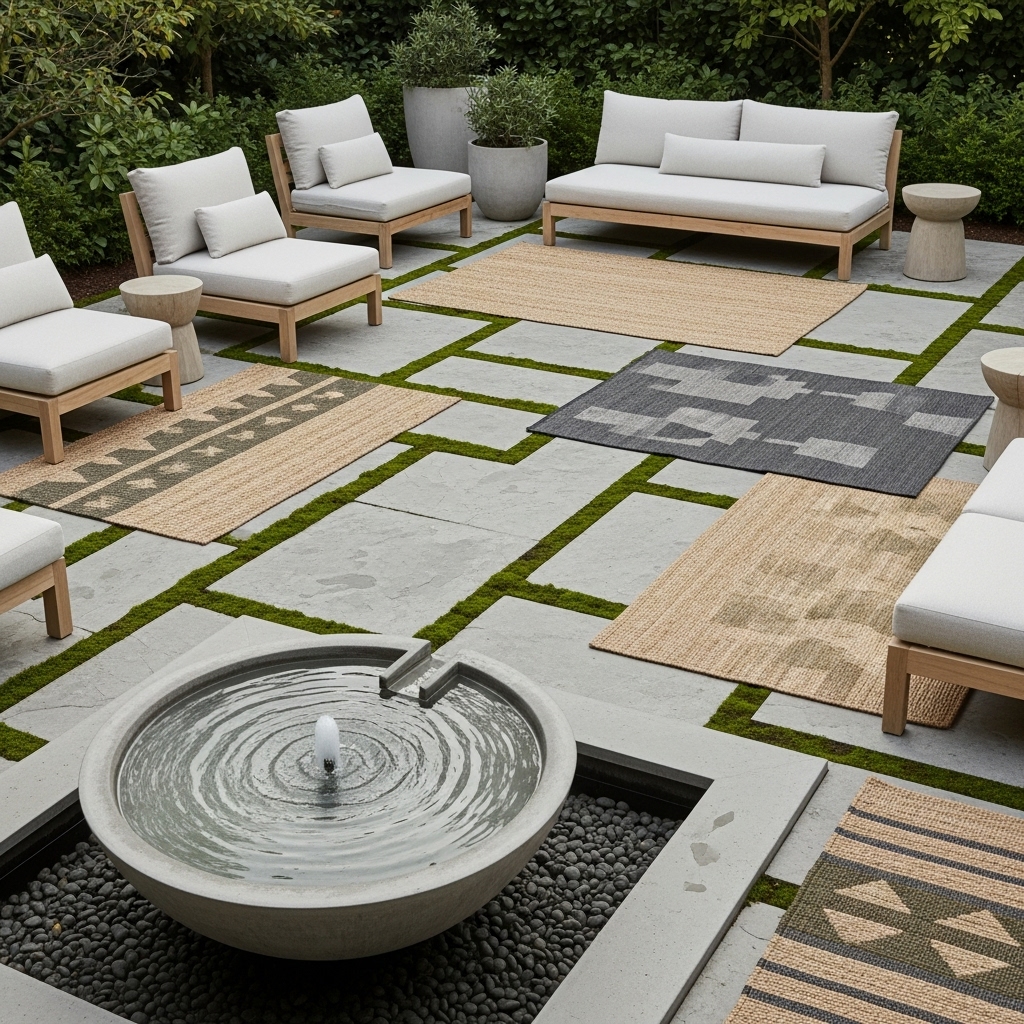 A serene 2025-inspired zen patio featuring a calming water fountain, natural fiber rugs, and unique avant-garden plants. The space combines organic textures, soft tones, and tranquil design elements to evoke soothing peace and a modern outdoor sanctuary.