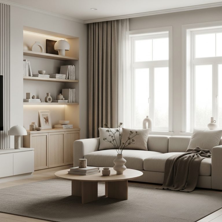 An ultra-realistic 2025-inspired living room showcasing a minimalist home makeover with clean lines, a soft neutral palette of beige, warm white, and light gray, and natural textures like wood and linen. The space features decluttered shelves, hidden storage, cozy layered lighting, and large windows letting in soft daylight. Scandinavian-Japandi fusion design elements, elegant décor, and curated minimal accessories create a serene, warm, and inviting atmosphere, captured in high-resolution, magazine-quality photography ideal for a blog featured image.