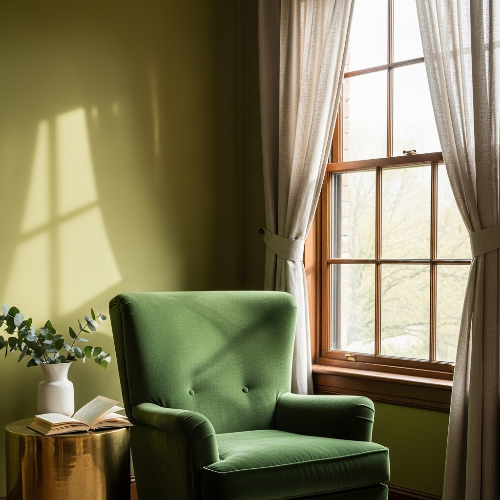 A serene 2025-inspired window scene with soft linen curtains filtering natural light onto a muted green wall, paired with a plush velvet chair that enhances the room’s sumptuous, cozy atmosphere.