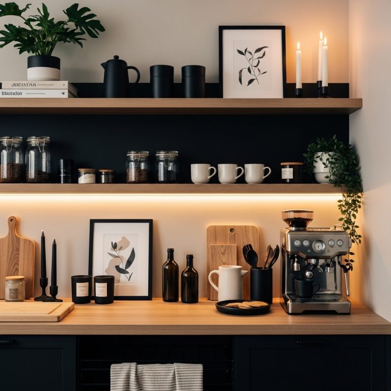 “Ultra-realistic 2025 Trending Coffee Station Decor featuring a modern cozy home coffee bar with warm neutral tones, wood textures, matte black accents, ceramic mugs, open shelving, glass jars, greenery, and soft ambient lighting. A sleek espresso machine with neatly organized accessories, minimal clutter, framed art, and candles creates a stylish, inviting atmosphere captured in high-end editorial photography.”