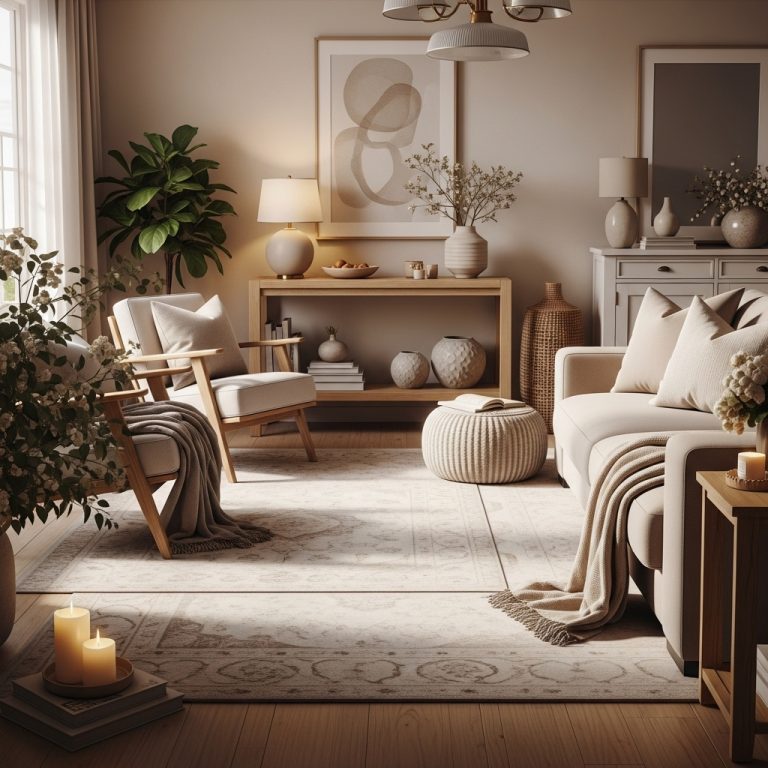 “Ultra-realistic modern & cozy home inspiration scene featuring warm neutral tones in beige, cream, and taupe, layered soft textures, elegant wooden furniture, indoor plants, and warm ambient lighting. A minimalist 2025 interior with inviting seating, cozy throws, curated décor accents, and gentle sunlight, captured in high-end magazine-style photography with a serene, welcoming atmosphere.”
