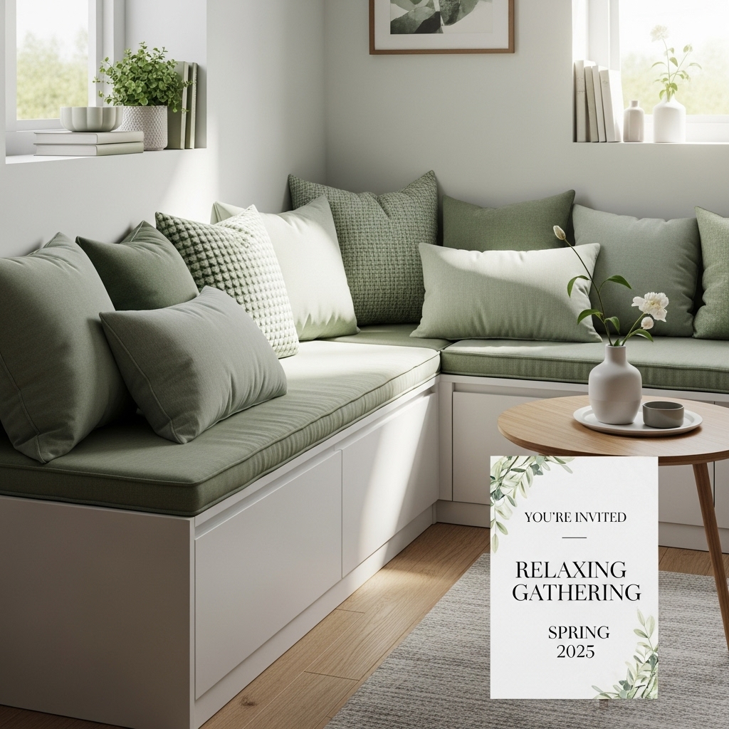 A beautiful built-in bench with layered cushions and soft green accents sits neatly against the wall, showcasing a space-saving design that captures the relaxing, welcoming feel of a 2025-inspired interior.